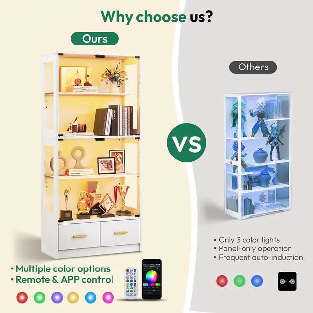 Alt view image 3 of 7 - 67-inch Glass Display Cabinet Curio Cabinet with RGB LED Lights, 2 Drawers & Anti-Tip Design for Collectibles, Figures, Living Room | White