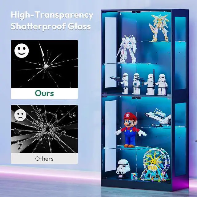 Alt view image 5 of 7 - 69-inch Glass Display Cabinet Curio Cabinet with RGB LED Lights, Adjustable Shelves & Anti-Tip Design for Collectibles, Figures, Living Room | Black