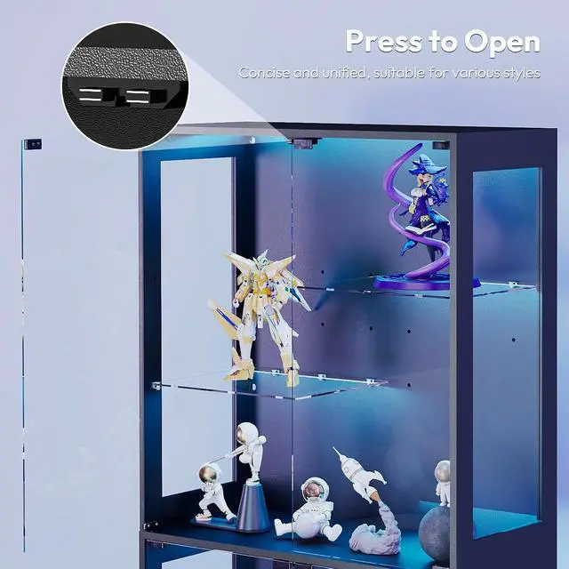 Alt view image 6 of 7 - 69-inch Glass Display Cabinet Curio Cabinet with RGB LED Lights, Adjustable Shelves & Anti-Tip Design for Collectibles, Figures, Living Room | Black