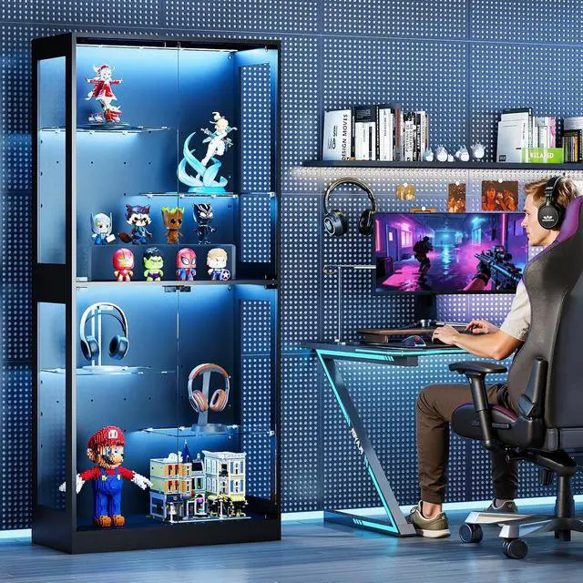 Alt view image 7 of 7 - 69-inch Glass Display Cabinet Curio Cabinet with RGB LED Lights, Adjustable Shelves & Anti-Tip Design for Collectibles, Figures, Living Room | Black