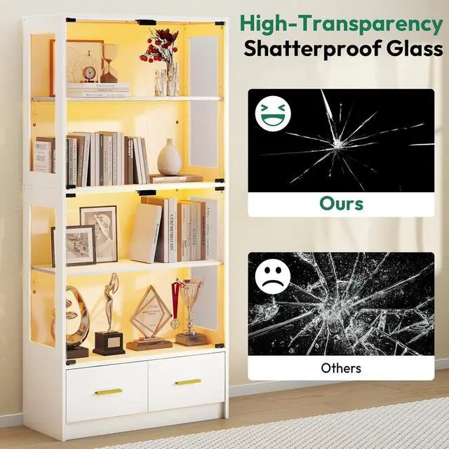 Alt view image 5 of 7 - 67-inch Glass Display Cabinet Curio Cabinet with RGB LED Lights, 2 Drawers & Anti-Tip Design for Collectibles, Figures, Living Room | White