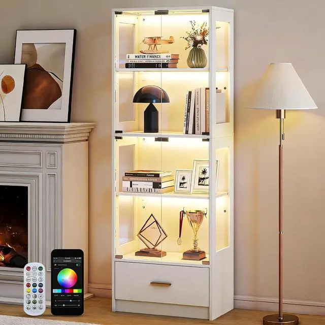 Main image of 67-inch Glass Display Cabinet Curio Cabinet with RGB LED Lights, 1 Drawer & Anti-Tip Design for Collectibles, Figures, Living Room | White