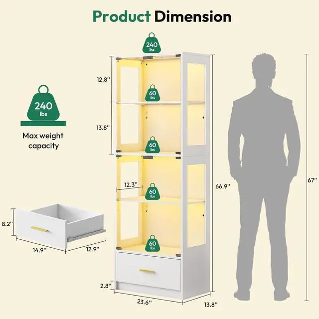 Alt view image 2 of 7 - 67-inch Glass Display Cabinet Curio Cabinet with RGB LED Lights, 1 Drawer & Anti-Tip Design for Collectibles, Figures, Living Room | White