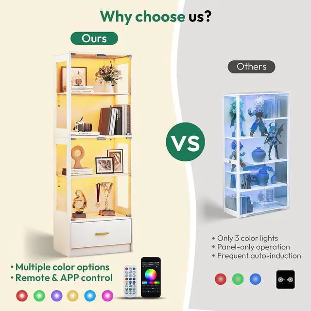 Alt view image 3 of 7 - 67-inch Glass Display Cabinet Curio Cabinet with RGB LED Lights, 1 Drawer & Anti-Tip Design for Collectibles, Figures, Living Room | White