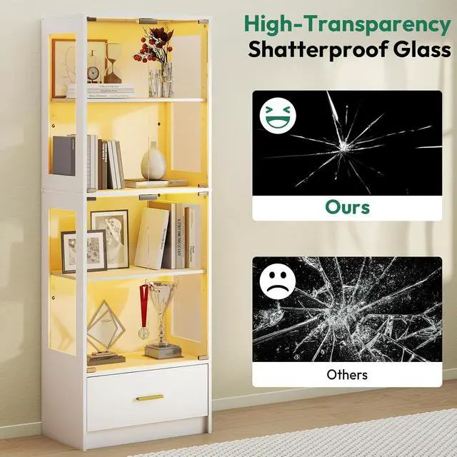 Alt view image 5 of 7 - 67-inch Glass Display Cabinet Curio Cabinet with RGB LED Lights, 1 Drawer & Anti-Tip Design for Collectibles, Figures, Living Room | White