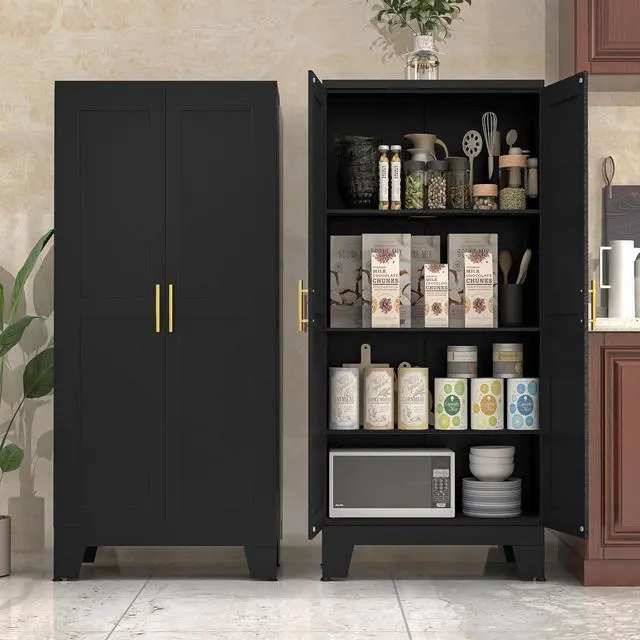 Main image of 61" Balck Metal Kitchen Storage Cabinet, Kitchen Pantry Storage Cabinet with Doors and Shelves, Storage Cabinet with Adjustable Leveling Foot for Kitchen, Living Room and Dining Room