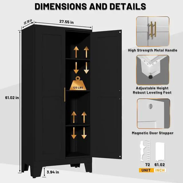 Alt view image 2 of 6 - 61" Balck Metal Kitchen Storage Cabinet, Kitchen Pantry Storage Cabinet with Doors and Shelves, Storage Cabinet with Adjustable Leveling Foot for Kitchen, Living Room and Dining Room