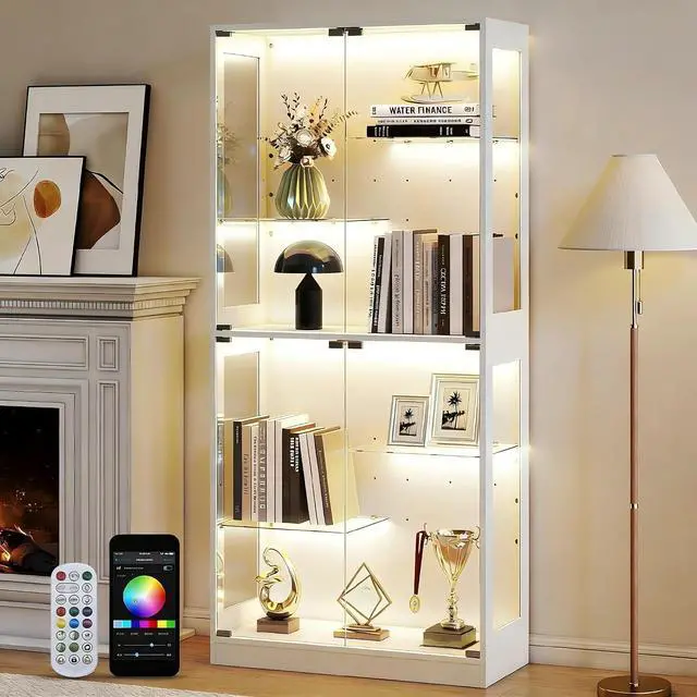 Main image of 69-inch Glass Display Cabinet Curio Cabinet with RGB LED Lights, Adjustable Shelves & Anti-Tip Design for Collectibles, Figures, Living Room | White
