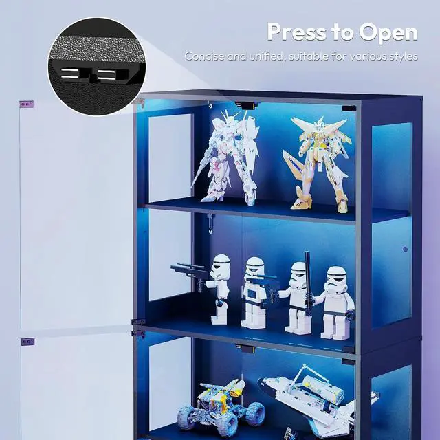 Alt view image 6 of 7 - 67-inch Glass Display Cabinet Curio Cabinet with RGB LED Lights, 2 Drawers & Anti-Tip Design for Collectibles, Figures, Living Room | Black