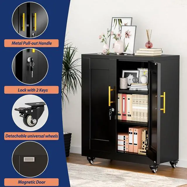 Alt view image 3 of 7 - Metal Storage Cabinet-35 Tall Steel File Cabinets with Lockable Doors and Adjustable Shelves, Steel Tool Cabinet with Wheel for Home, School, Office, Garage Black