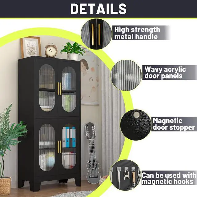 Alt view image 3 of 7 - 61" Black Pantry Storage Cabinet, Kitchen Pantry Cabinet with Acrylic Glass Doors and Shelves, with Adjustable Leveling Foot for Kitchen, Living Room and Dining Room. 61"