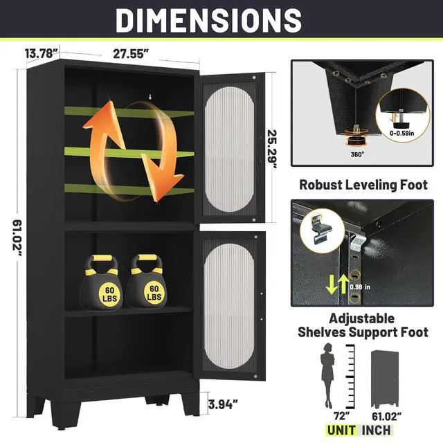 Alt view image 2 of 7 - 61" Black Pantry Storage Cabinet, Kitchen Pantry Cabinet with Acrylic Glass Doors and Shelves, with Adjustable Leveling Foot for Kitchen, Living Room and Dining Room. 61"