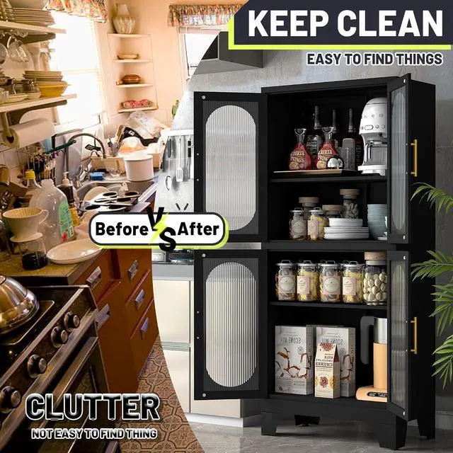 Alt view image 7 of 7 - 61" Black Pantry Storage Cabinet, Kitchen Pantry Cabinet with Acrylic Glass Doors and Shelves, with Adjustable Leveling Foot for Kitchen, Living Room and Dining Room. 61"