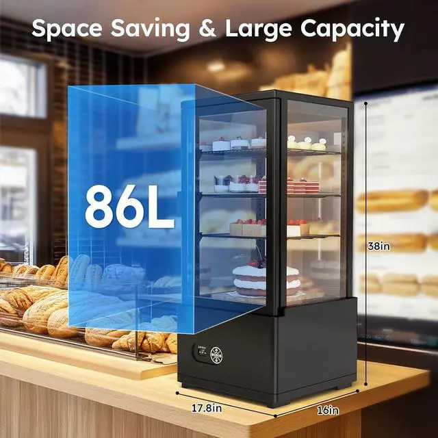 Alt view image 3 of 7 - Commercial Display Refrigerator, 3 Cu. FT (86 L) Cake Display Case with LED Lighting | Double-Layered Glass | Automatic Defrost | Commercial Display Fridge for Home, Store and Coffee, Bakery, Black