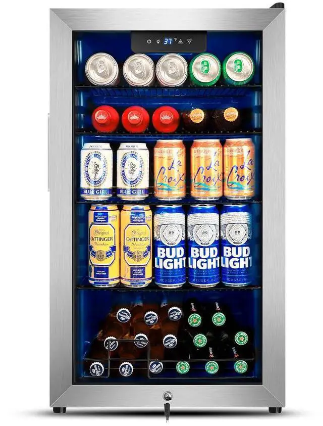 Main image of Beverage Refrigerator Cooler, 130 Cans 3.22 Cu.Ft Small Refrigerator with Low-E Glass Door, Lock, 17-Inch Beer Fridge for Drinks, Beer and Wine, Mini Fridge for Bedroom, Office and Bar, Silver