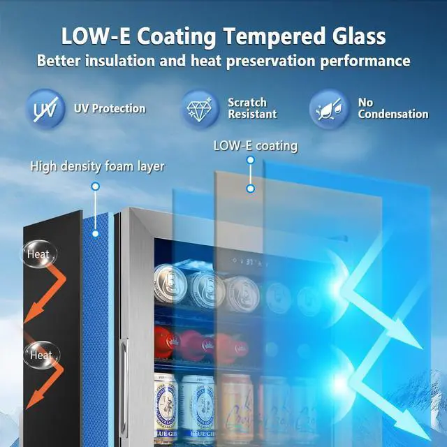 Alt view image 4 of 7 - Beverage Refrigerator Cooler, 130 Cans 3.22 Cu.Ft Small Refrigerator with Low-E Glass Door, Lock, 17-Inch Beer Fridge for Drinks, Beer and Wine, Mini Fridge for Bedroom, Office and Bar, Silver