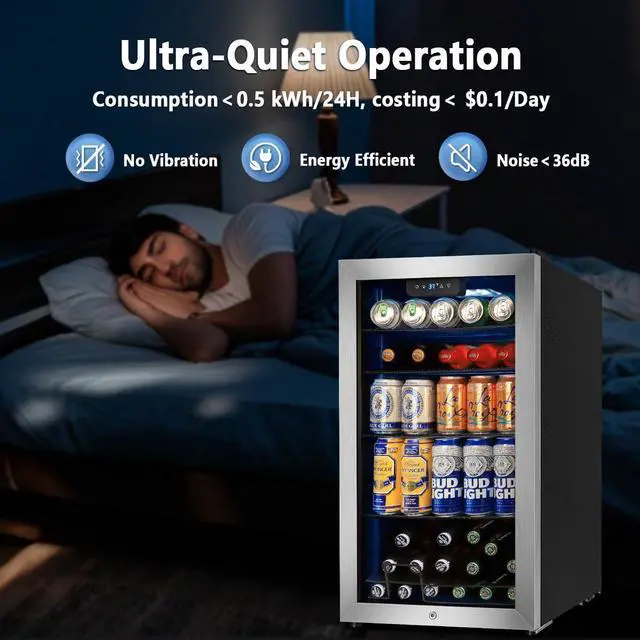 Alt view image 7 of 7 - Beverage Refrigerator Cooler, 130 Cans 3.22 Cu.Ft Small Refrigerator with Low-E Glass Door, Lock, 17-Inch Beer Fridge for Drinks, Beer and Wine, Mini Fridge for Bedroom, Office and Bar, Silver