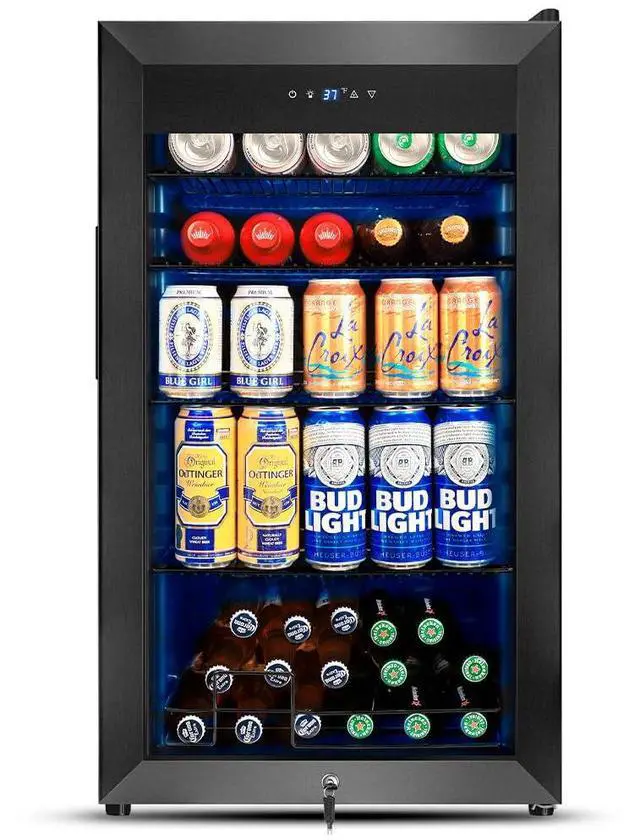 Main image of Beverage Refrigerator Cooler, 130 Cans 3.22 Cu.Ft Small Refrigerator with Low-E Glass Door, Lock, 17-Inch Beer Fridge for Drinks, Beer and Wine, Mini Fridge for Bedroom, Office and Bar, Black