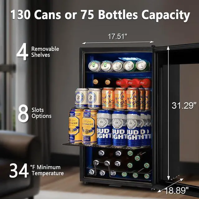 Alt view image 6 of 7 - Beverage Refrigerator Cooler, 130 Cans 3.22 Cu.Ft Small Refrigerator with Low-E Glass Door, Lock, 17-Inch Beer Fridge for Drinks, Beer and Wine, Mini Fridge for Bedroom, Office and Bar, Black