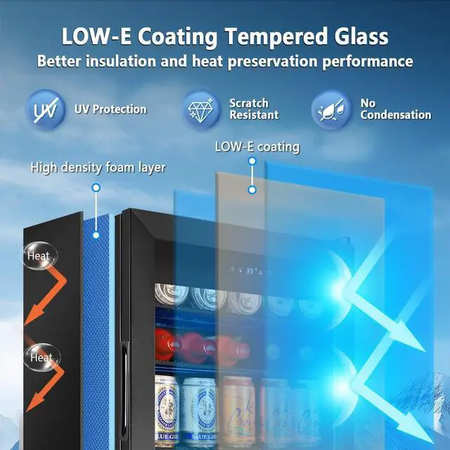 Alt view image 4 of 7 - Beverage Refrigerator Cooler, 130 Cans 3.22 Cu.Ft Small Refrigerator with Low-E Glass Door, Lock, 17-Inch Beer Fridge for Drinks, Beer and Wine, Mini Fridge for Bedroom, Office and Bar, Black