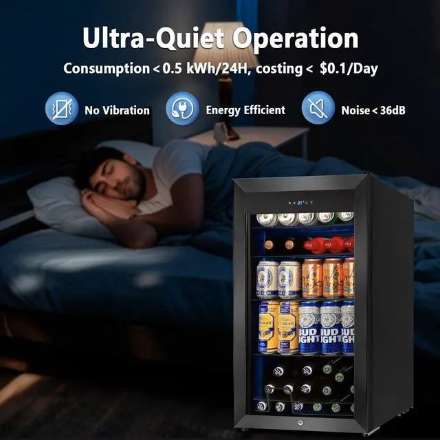 Alt view image 7 of 7 - Beverage Refrigerator Cooler, 130 Cans 3.22 Cu.Ft Small Refrigerator with Low-E Glass Door, Lock, 17-Inch Beer Fridge for Drinks, Beer and Wine, Mini Fridge for Bedroom, Office and Bar, Black