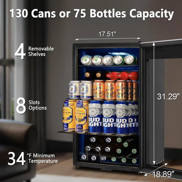 Alt view image 6 of 7 - Beverage Refrigerator Cooler, 130 Cans 3.22 Cu.Ft Small Refrigerator with Low-E Glass Door, Lock, 17-Inch Beer Fridge for Drinks, Beer and Wine, Mini Fridge for Bedroom, Office and Bar, Silver