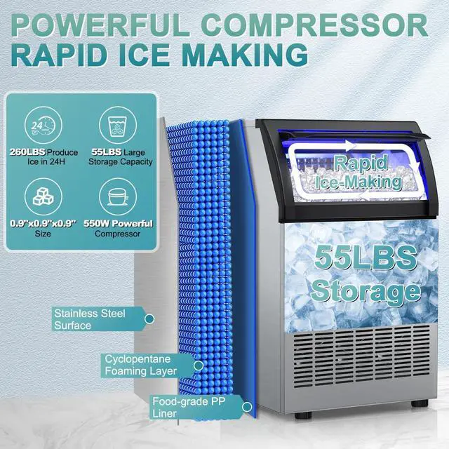 Alt view image 5 of 7 - Commercial Ice Maker 260Lbs/24H, Undercounter Ice Maker Machine with 55 Lbs Storage Ice Bin, Built-in Freestanding Stainless Steel Commercial Ice Machine for Shop,Bar, Restaurant, Cafe, Hotel