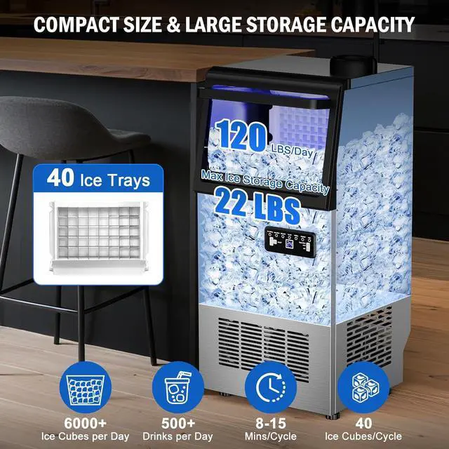Alt view image 2 of 7 - 120LBS Undercounter Commercial Ice Maker, Under Counter Built-in Freestanding Commercial Ice Machine, Adjustable Ice Maker, Dual Water Ice Machine for Bar, Restaurant, Hotel