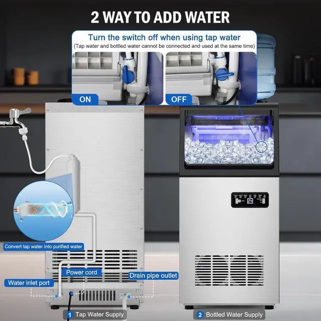 Alt view image 3 of 7 - 120LBS Undercounter Commercial Ice Maker, Under Counter Built-in Freestanding Commercial Ice Machine, Adjustable Ice Maker, Dual Water Ice Machine for Bar, Restaurant, Hotel