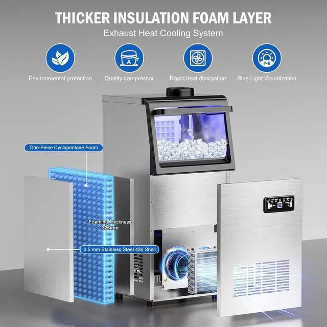 Alt view image 6 of 7 - 120LBS Undercounter Commercial Ice Maker, Under Counter Built-in Freestanding Commercial Ice Machine, Adjustable Ice Maker, Dual Water Ice Machine for Bar, Restaurant, Hotel