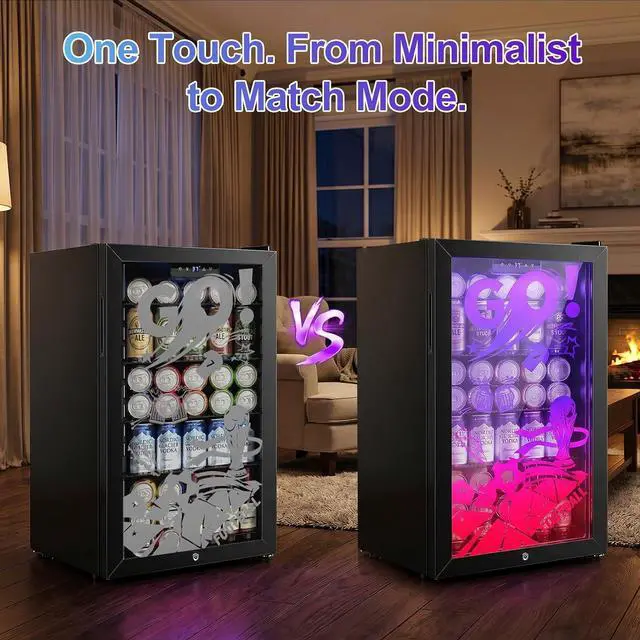 Alt view image 2 of 7 - Beverage Refrigerator for World Cup with LED Light Up Door 128 Can Freestanding 17" Small Drink Fridge, Mini Beer Cooler with 4 Removable Shelves, Safety Lock for Party Bar Gaming Room