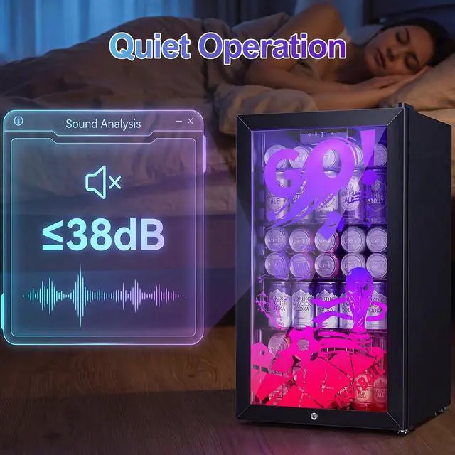 Alt view image 3 of 7 - Beverage Refrigerator for World Cup with LED Light Up Door 128 Can Freestanding 17" Small Drink Fridge, Mini Beer Cooler with 4 Removable Shelves, Safety Lock for Party Bar Gaming Room