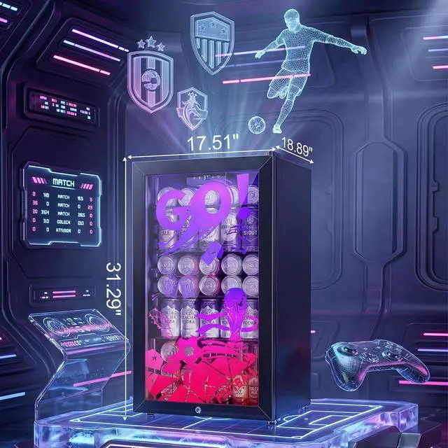 Alt view image 4 of 7 - Beverage Refrigerator for World Cup with LED Light Up Door 128 Can Freestanding 17" Small Drink Fridge, Mini Beer Cooler with 4 Removable Shelves, Safety Lock for Party Bar Gaming Room