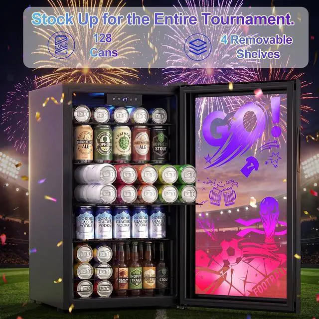 Alt view image 5 of 7 - Beverage Refrigerator for World Cup with LED Light Up Door 128 Can Freestanding 17" Small Drink Fridge, Mini Beer Cooler with 4 Removable Shelves, Safety Lock for Party Bar Gaming Room