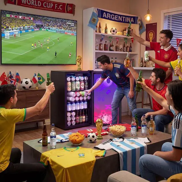 Alt view image 6 of 7 - Beverage Refrigerator for World Cup with LED Light Up Door 128 Can Freestanding 17" Small Drink Fridge, Mini Beer Cooler with 4 Removable Shelves, Safety Lock for Party Bar Gaming Room