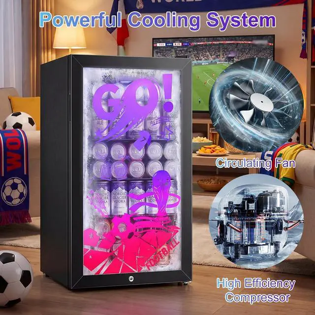 Alt view image 7 of 7 - Beverage Refrigerator for World Cup with LED Light Up Door 128 Can Freestanding 17" Small Drink Fridge, Mini Beer Cooler with 4 Removable Shelves, Safety Lock for Party Bar Gaming Room