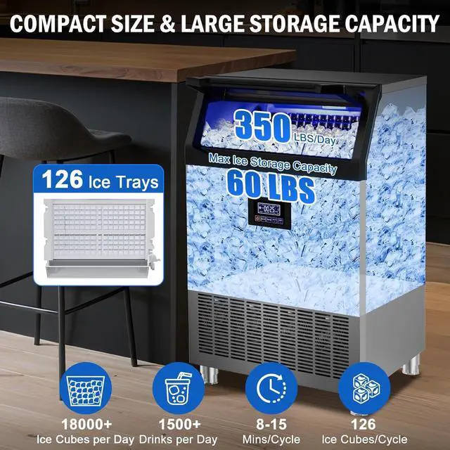 Alt view image 2 of 7 - Commercial Ice Maker Machine 350 LBS/24H, 136 Ice Trays Freestanding & Undercounter Ice Machine Stainless Steel with 60 LBS Ice Storage Capacity, Ice Maker with Water Line and Filter, Dual Water Inlet