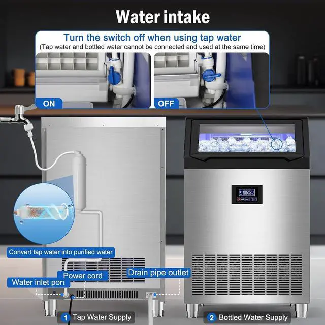 Alt view image 4 of 7 - Commercial Ice Maker Machine 350 LBS/24H, 136 Ice Trays Freestanding & Undercounter Ice Machine Stainless Steel with 60 LBS Ice Storage Capacity, Ice Maker with Water Line and Filter, Dual Water Inlet