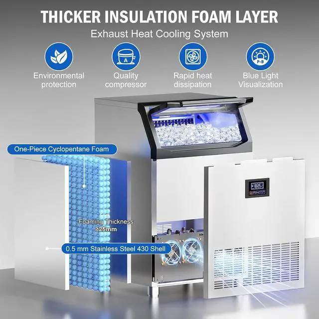 Alt view image 6 of 7 - Commercial Ice Maker Machine 350 LBS/24H, 136 Ice Trays Freestanding & Undercounter Ice Machine Stainless Steel with 60 LBS Ice Storage Capacity, Ice Maker with Water Line and Filter, Dual Water Inlet