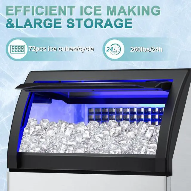 Alt view image 4 of 7 - Commercial Ice Maker 260Lbs/24H, Undercounter Ice Maker Machine with 55 Lbs Storage Ice Bin, Built-in Freestanding Stainless Steel Commercial Ice Machine for Shop,Bar, Restaurant, Cafe, Hotel
