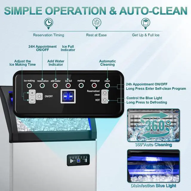 Alt view image 2 of 7 - Commercial Ice Maker 260Lbs/24H, Undercounter Ice Maker Machine with 55 Lbs Storage Ice Bin, Built-in Freestanding Stainless Steel Commercial Ice Machine for Shop,Bar, Restaurant, Cafe, Hotel