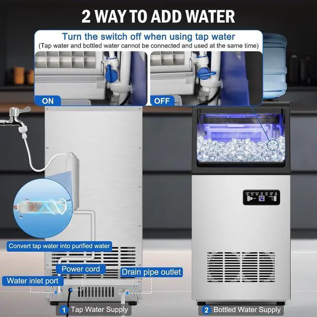 Alt view image 6 of 7 - Commercial Ice Maker Machine 130 Lbs/24H, 20 Lbs Ice Bin, Undercounter Ice Maker Stainless Steel, 45 Ice Cubes/8-15 Min, Ice Machine, Dual Water Inlet, Set Ice Thickness, 24H Timer for Bar, Café, etc.