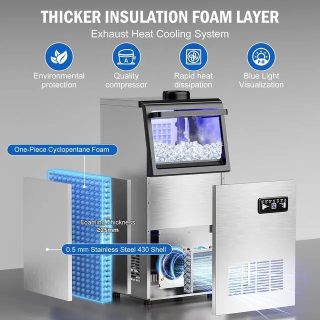 Alt view image 7 of 7 - Commercial Ice Maker Machine 130 Lbs/24H, 20 Lbs Ice Bin, Undercounter Ice Maker Stainless Steel, 45 Ice Cubes/8-15 Min, Ice Machine, Dual Water Inlet, Set Ice Thickness, 24H Timer for Bar, Café, etc.