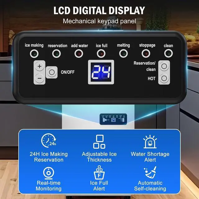 Alt view image 3 of 7 - Commercial Ice Maker Machine 130 Lbs/24H, 20 Lbs Ice Bin, Undercounter Ice Maker Stainless Steel, 45 Ice Cubes/8-15 Min, Ice Machine, Dual Water Inlet, Set Ice Thickness, 24H Timer for Bar, Café, etc.