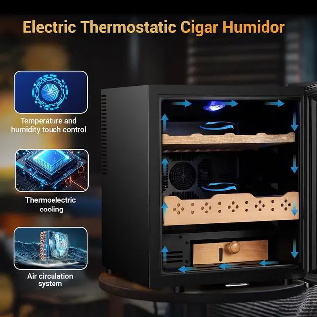 Alt view image 3 of 7 - Electric Humidor for Cigars, 50L 300 Counts Large Capacity, Thermostatic Electric Cigar Cooler Cabinet with Spanish Cedar Wood Shelves, Digital LED Screen, Smart Humidity & Temp Control, Gifts for Men