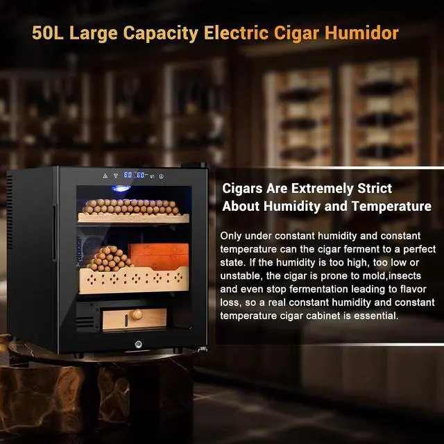 Alt view image 2 of 7 - Electric Humidor for Cigars, 50L 300 Counts Large Capacity, Thermostatic Electric Cigar Cooler Cabinet with Spanish Cedar Wood Shelves, Digital LED Screen, Smart Humidity & Temp Control, Gifts for Men