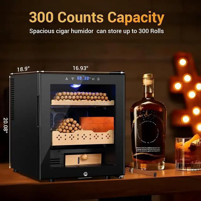 Alt view image 4 of 7 - Electric Humidor for Cigars, 50L 300 Counts Large Capacity, Thermostatic Electric Cigar Cooler Cabinet with Spanish Cedar Wood Shelves, Digital LED Screen, Smart Humidity & Temp Control, Gifts for Men