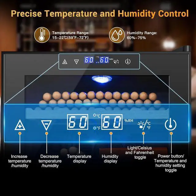 Alt view image 5 of 7 - Electric Humidor for Cigars, 50L 300 Counts Large Capacity, Thermostatic Electric Cigar Cooler Cabinet with Spanish Cedar Wood Shelves, Digital LED Screen, Smart Humidity & Temp Control, Gifts for Men