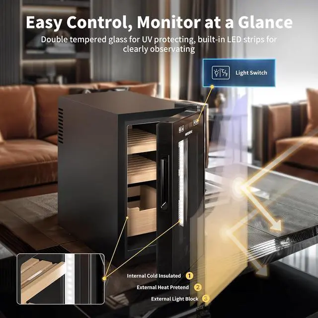 Alt view image 5 of 7 - 23L Pro 1S Cigar Humidor, Smart Humidity & Temp Quiet Control, Holds 150 Counts, Electric Thermostatic Cabinet w/Spanish Cedar Wood Shelves & Drawer, Digital Hygrometer, Gifts for Men