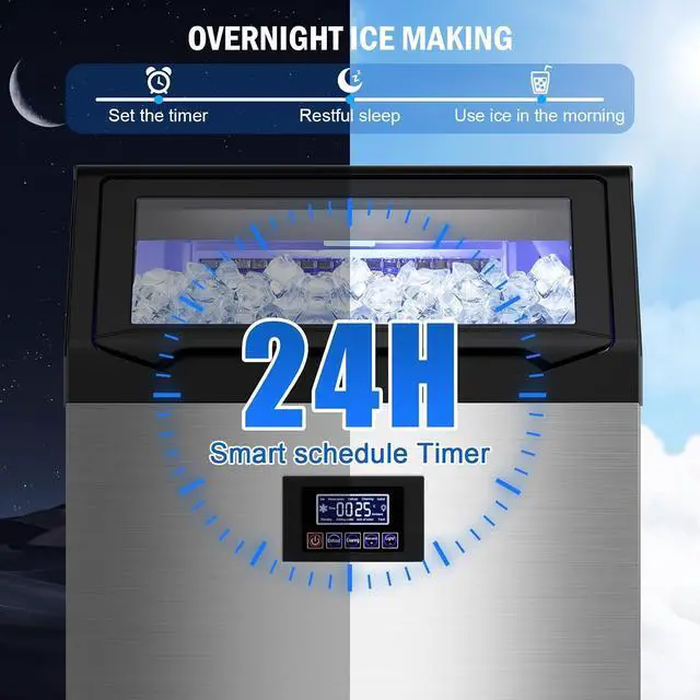 Alt view image 7 of 7 - Commercial Ice Maker Machine 350 LBS/24H, 136 Ice Trays Freestanding & Undercounter Ice Machine Stainless Steel with 60 LBS Ice Storage Capacity, Ice Maker with Water Line and Filter, Dual Water Inlet